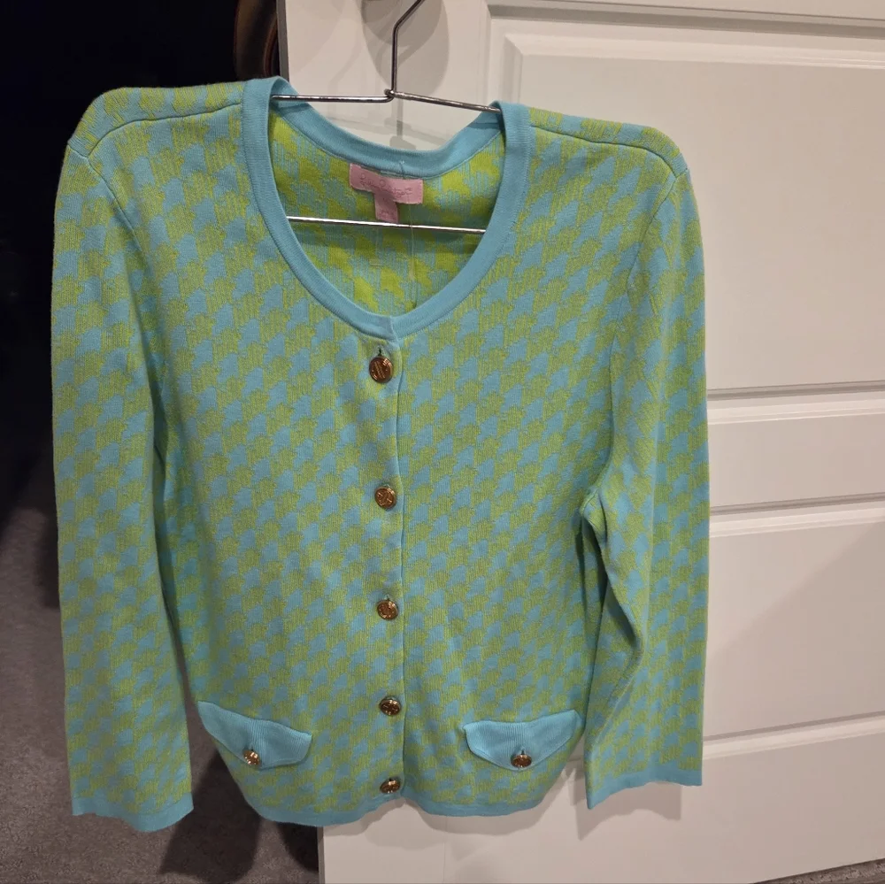 LILY PULITZER VINTAGE WOMEN'S GREEN AND BLUE HOUNDSTOOTH CARDIGAN SIZE MEDIUM